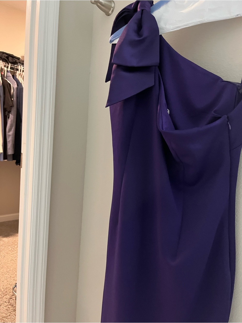 One-Shoulder Purple Evening Gown with Draped Bow Detail